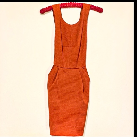 π Forever 21 Contemporary π Burnt Orange Waffle Knit Bib Pleat Mini Dress | S - Picture 8 of 11